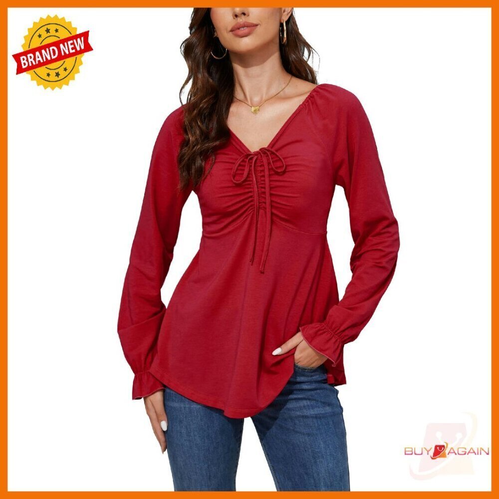 Long Sleeve Babydoll Top Ruched V-Neck Empire Waist Tunic Blouse